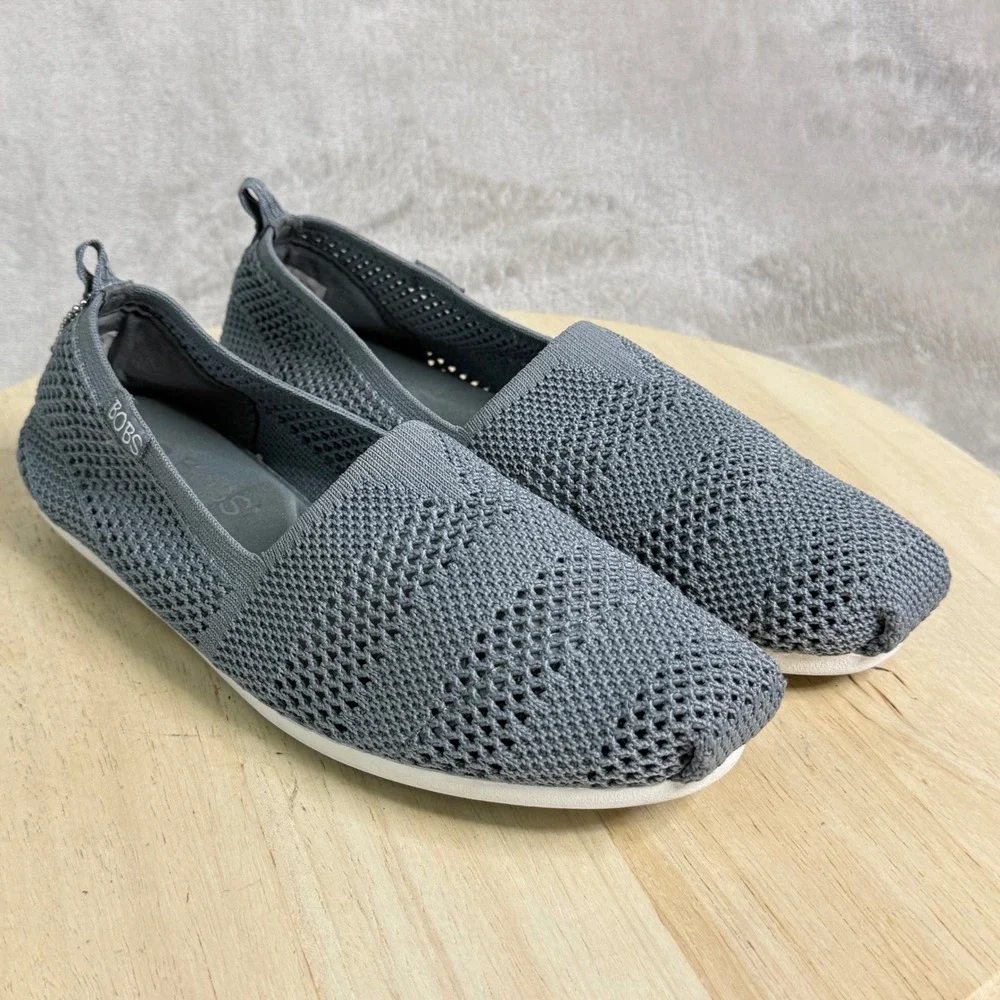 Skechers BOBS Women 8.5 Grey Knit Memory Foam Slip On Flats 33406 Peace and Love